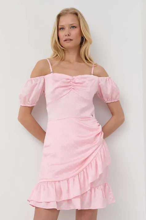 Šaty Guess ružová farba, mini, rovný strih
