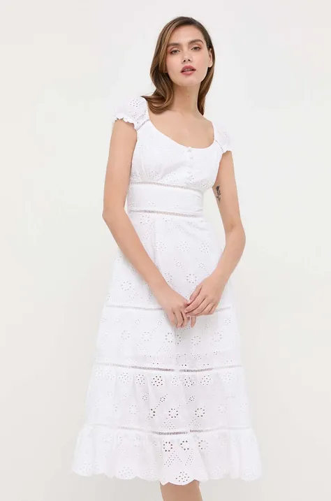 Pamučna haljina Guess boja: bijela, midi, širi se prema dolje