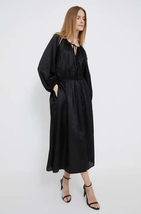 Платье с примесью шелка Dkny цвет чёрный midi расклешённое