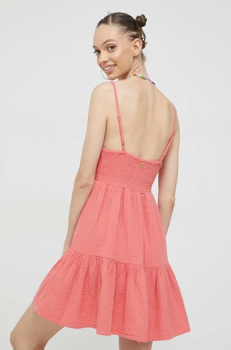 Pamučna haljina Billabong boja: ružičasta, mini, širi se prema dolje
