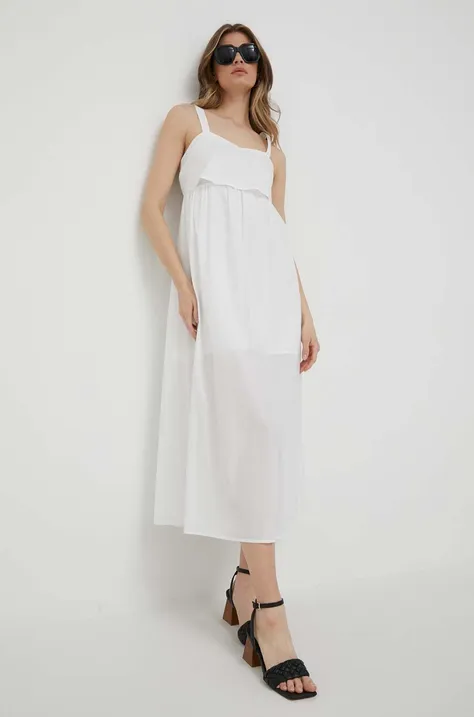Хлопковое платье Sisley цвет белый midi расклешённое