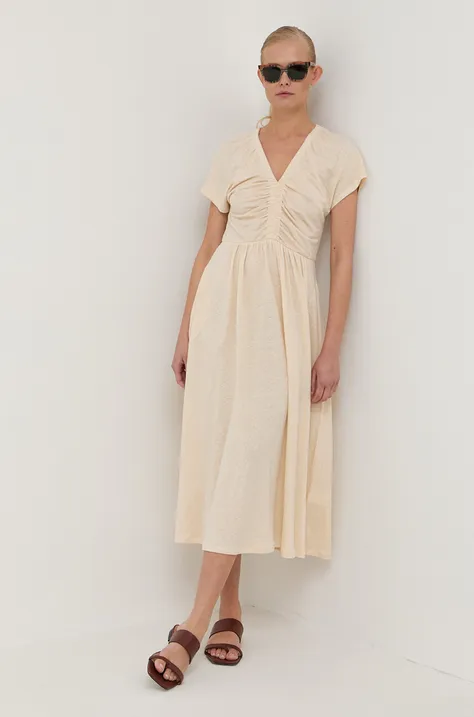 Ľanové šaty Max Mara Leisure béžová farba, midi, áčkový strih
