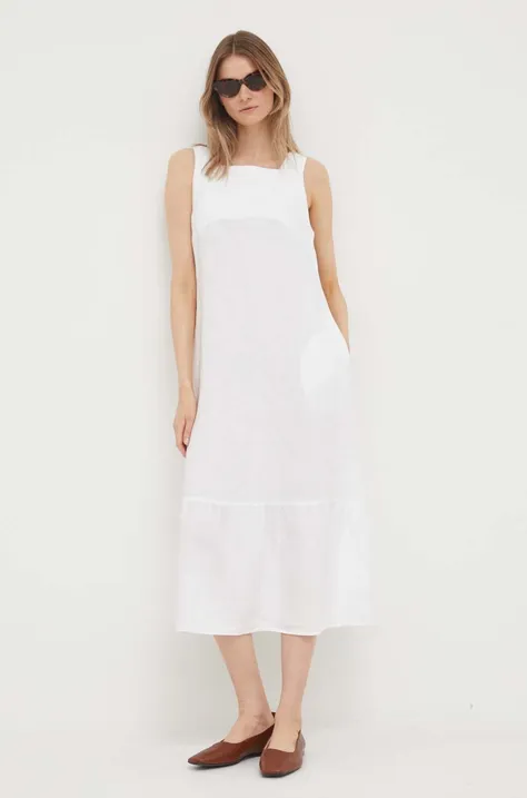 United Colors of Benetton sukienka lniana kolor biały midi prosta