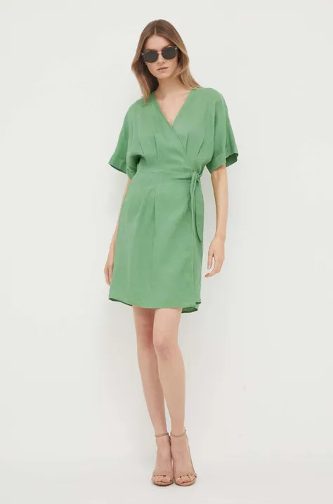 United Colors of Benetton sukienka lniana kolor zielony mini rozkloszowana