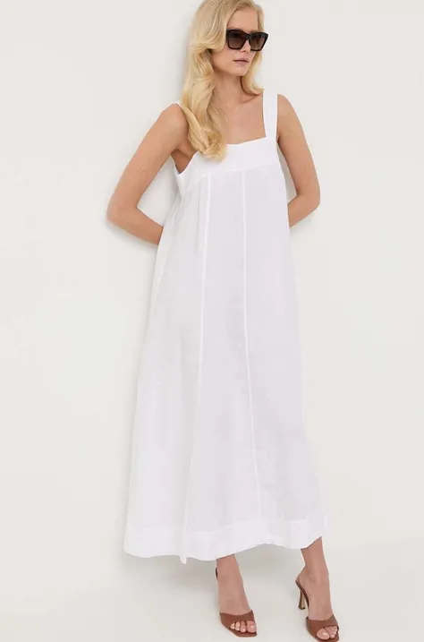 BOSS sukienka lniana kolor biały midi rozkloszowana