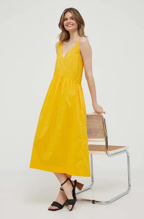 Pamučna haljina United Colors of Benetton boja: žuta, midi, širi se prema dolje