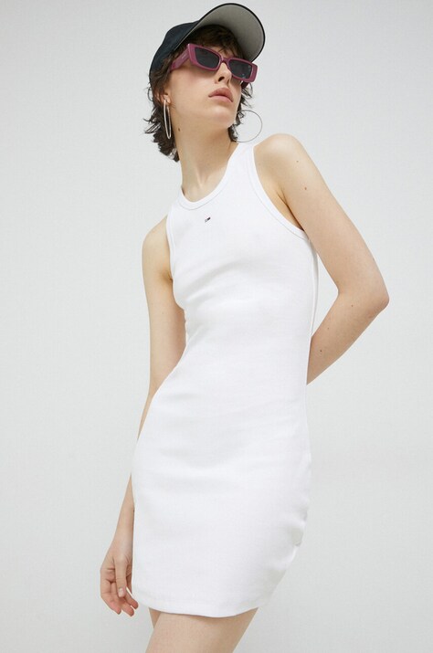 Tommy Jeans rochie culoarea alb, mini, mulată