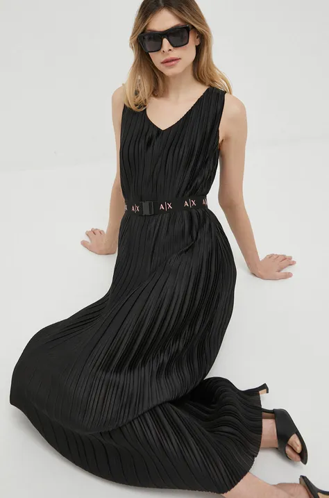 Armani Exchange sukienka kolor czarny midi rozkloszowana
