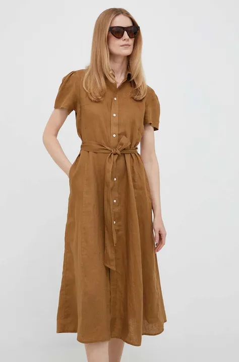 Plátěné šaty Polo Ralph Lauren hnědá barva, midi