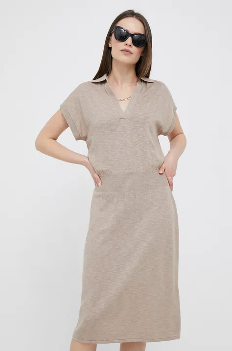Ľanové šaty Gant béžová farba, midi, priliehavá