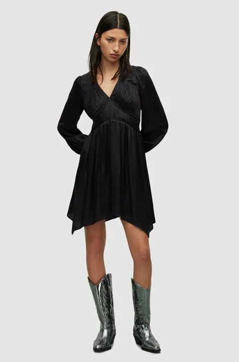 Haljina AllSaints boja: crna, mini, širi se prema dolje