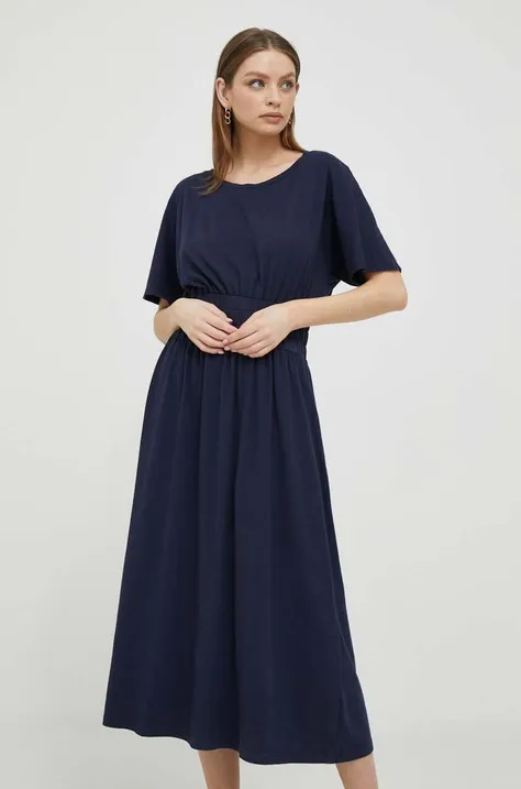 Pamučna haljina Deha boja: tamno plava, midi, širi se prema dolje