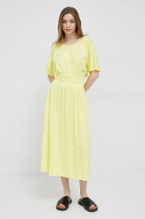 Bavlnené šaty Deha žltá farba, midi, áčkový strih