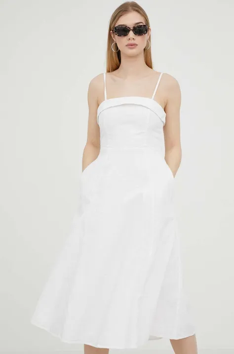 Abercrombie & Fitch sukienka lniana kolor biały midi rozkloszowana
