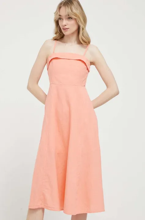 Ленена рокля Abercrombie & Fitch в оранжево среднодълъг модел разкроен модел
