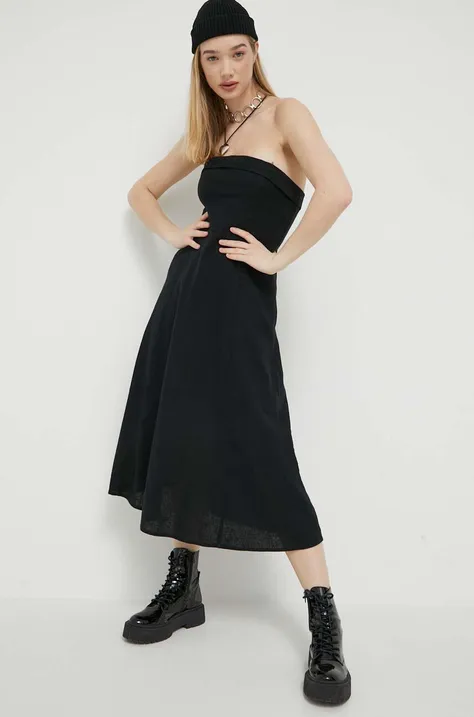 Ленена рокля Abercrombie & Fitch в черно среднодълъг модел разкроен модел