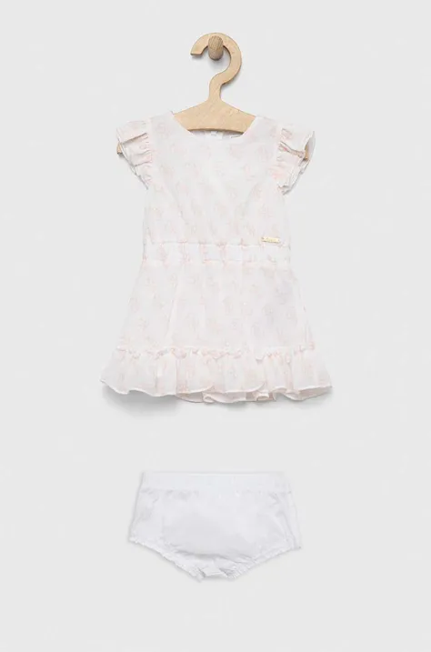 Šaty pre bábätká Guess béžová farba, mini, áčkový strih