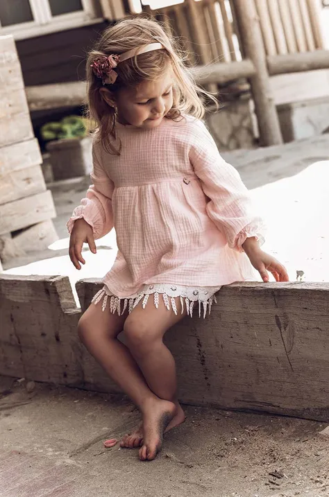 Pamučna haljina za bebe Jamiks boja: ružičasta, mini, širi se prema dolje