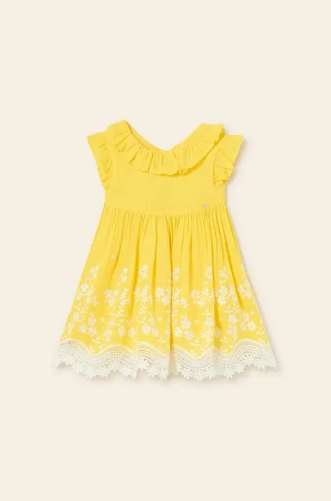 Mayoral sukienka niemowlęca z domieszką lnu kolor żółty mini rozkloszowana