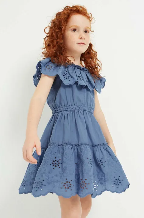 Dječja pamučna haljina Mayoral boja: tamno plava, mini, širi se prema dolje