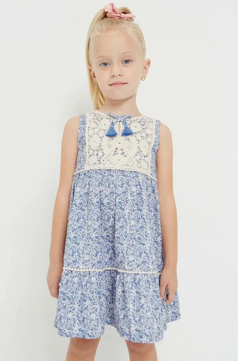 Dječja pamučna haljina Mayoral boja: tamno plava, mini, ravna