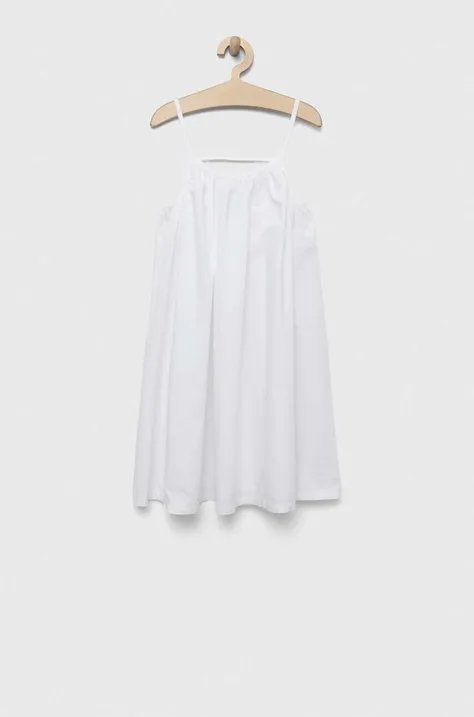 Dječja pamučna haljina United Colors of Benetton boja: bijela, midi, širi se prema dolje