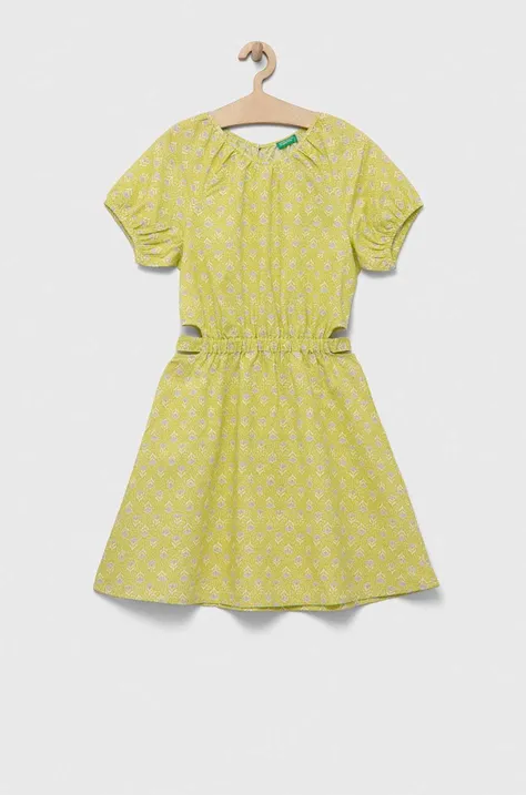 Детское льняное платье United Colors of Benetton цвет зелёный mini расклешённое