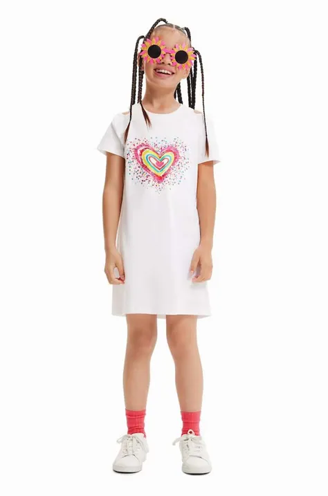 Dievčenské bavlnené šaty Desigual biela farba, mini, rovný strih