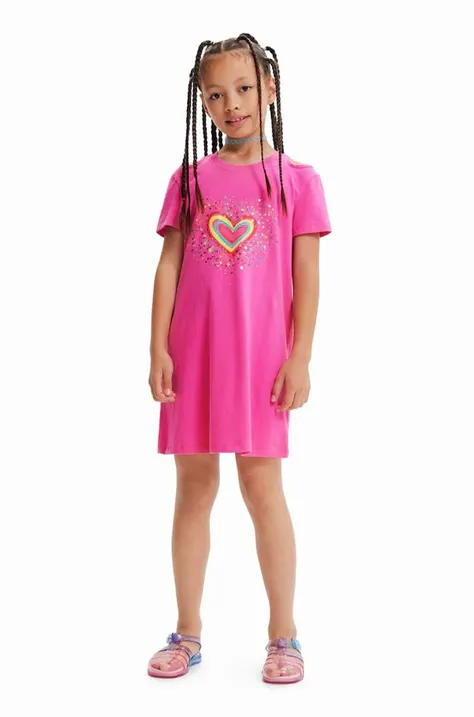 Dječja pamučna haljina Desigual boja: ružičasta, mini, ravna