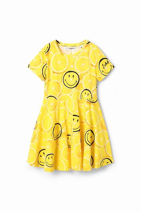 Dječja pamučna haljina Desigual boja: žuta, mini, širi se prema dolje