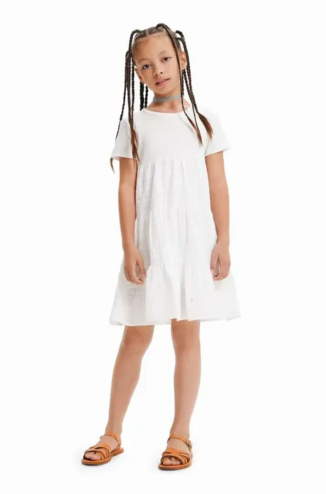 Dievčenské šaty Desigual biela farba, midi, áčkový strih