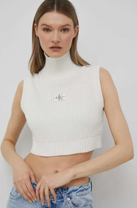 Bavlnená vesta Calvin Klein Jeans dámsky, béžová farba, s rolákom