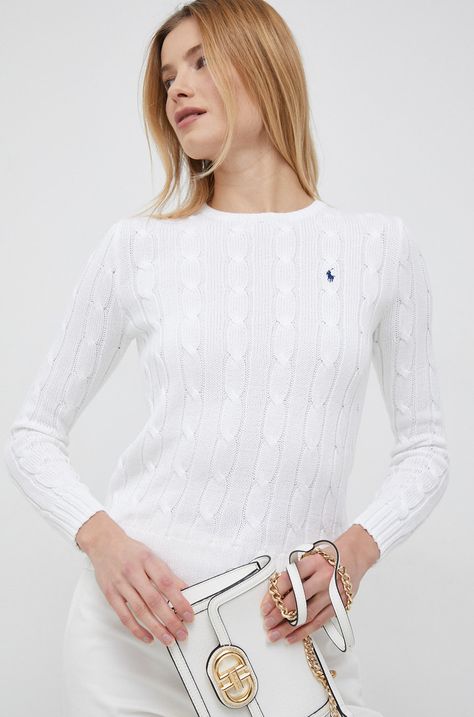 Βαμβακερό πουλόβερ Polo Ralph Lauren γυναικεία, χρώμα: άσπρο