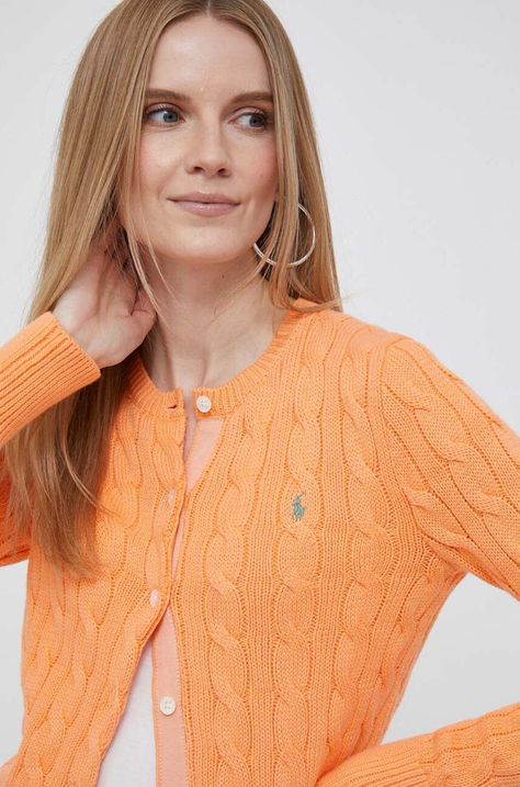 Bavlněný kardigan Polo Ralph Lauren dámský, oranžová barva