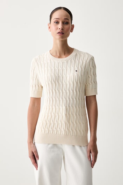 Tommy Hilfiger pulover kratkih rukava za žene od pamuka bež WW0WW38744