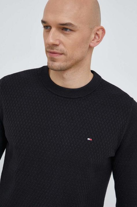 Βαμβακερό πουλόβερ Tommy Hilfiger ανδρικά, χρώμα: μαύρο