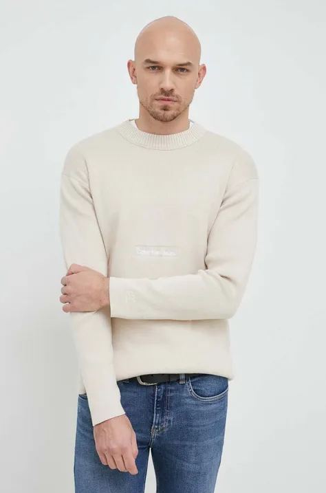 Calvin Klein Jeans pulover de bumbac culoarea bej