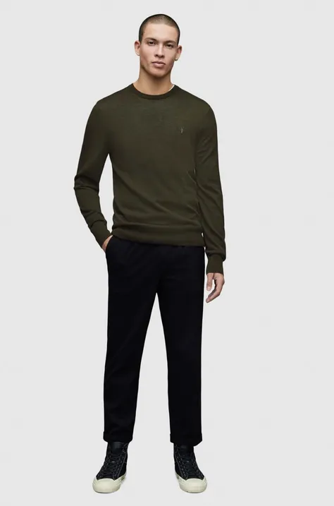AllSaints sweter wełniany MODE MERINO CREW męski kolor zielony lekki MK146X