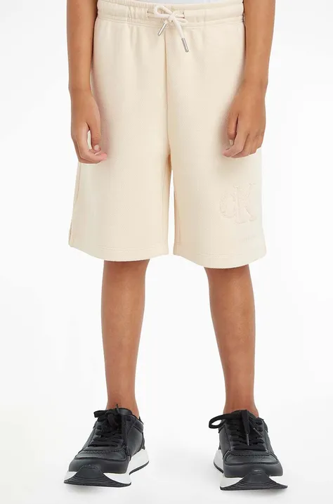 Detské krátke nohavice Calvin Klein Jeans béžová farba, nastaviteľný pás