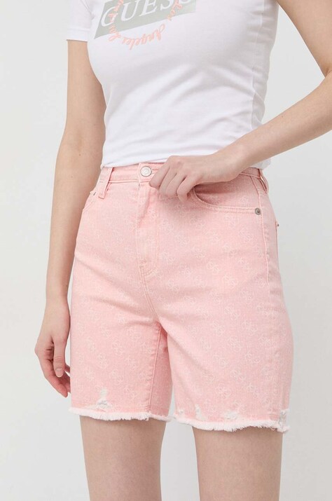 Guess pantaloni scurti femei, culoarea roz, modelator, high waist