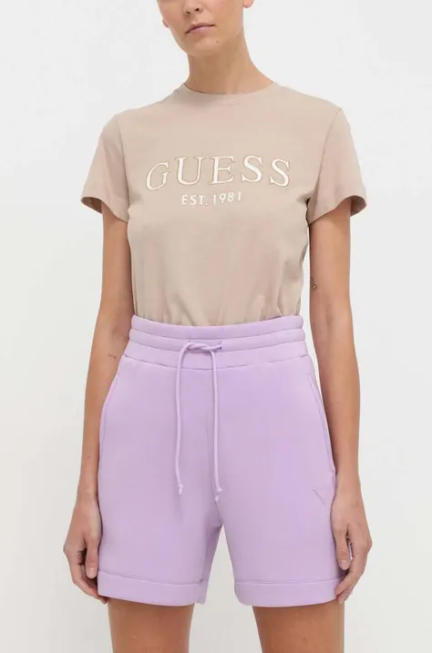 Kratke hlače Guess za žene, boja: ljubičasta, bez uzorka, visoki struk