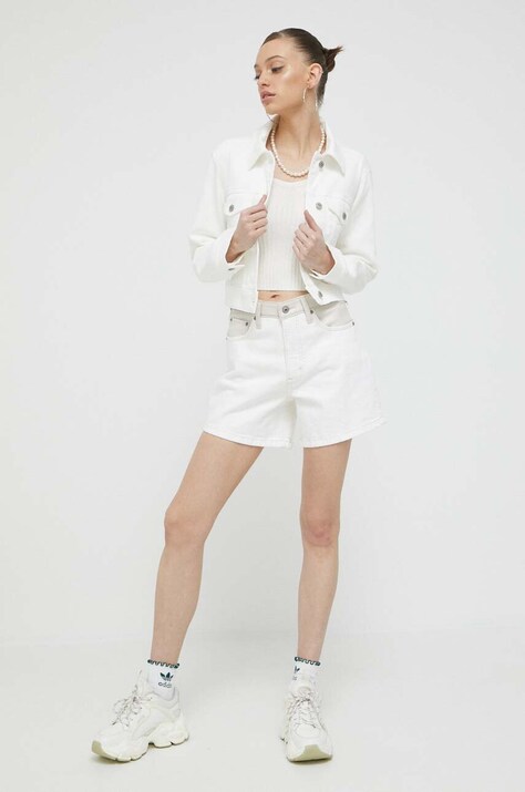 Abercrombie & Fitch pantaloni scurti jeans femei, culoarea bej, neted, high waist