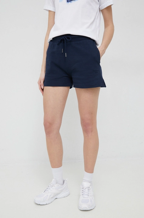 Pepe Jeans pantaloni scurti din bumbac culoarea albastru marin, neted, high waist