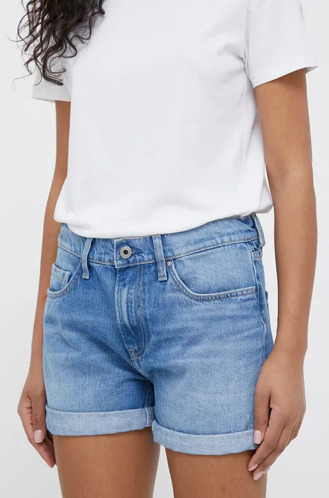 Rifľové krátke nohavice Pepe Jeans Mable dámske, jednofarebné, stredne vysoký pás