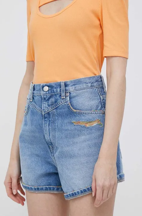 Pepe Jeans szorty jeansowe Rachel damskie kolor niebieski wzorzyste high waist