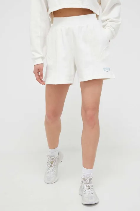 Bavlnené šortky Reebok Classic Varsity High-Rise HT7841-CHALK, biela farba, melanžové, vysoký pás
