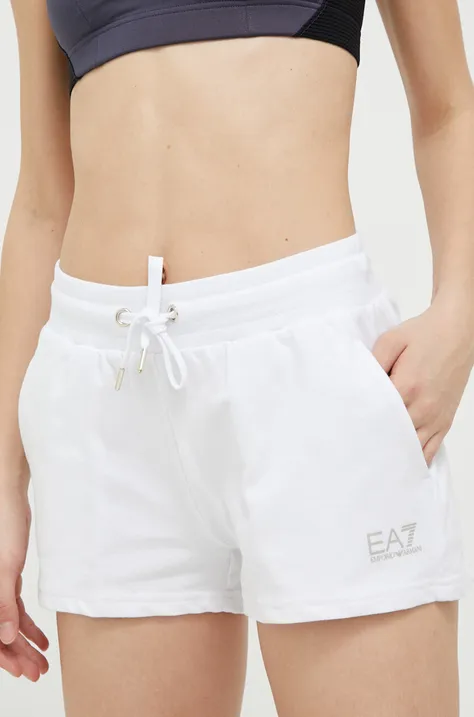 Kraťasy EA7 Emporio Armani dámské, bílá barva, hladké, medium waist