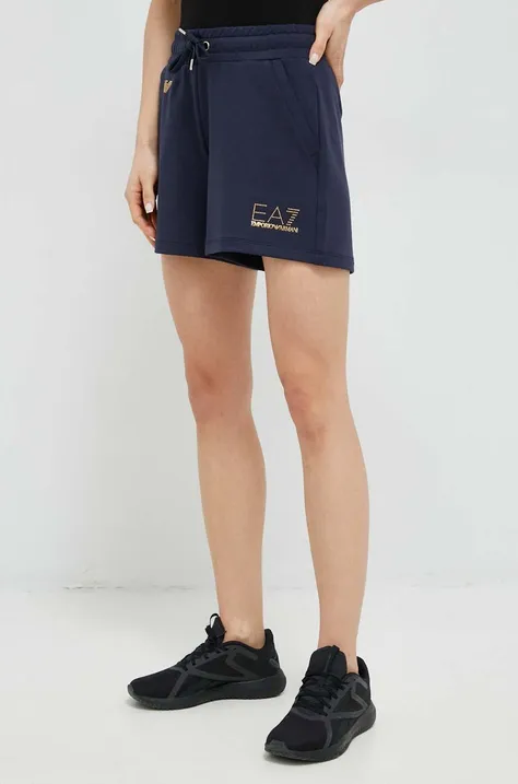 Kratke hlače EA7 Emporio Armani za žene, boja: tamno plava, glatki materijal, srednje visoki struk