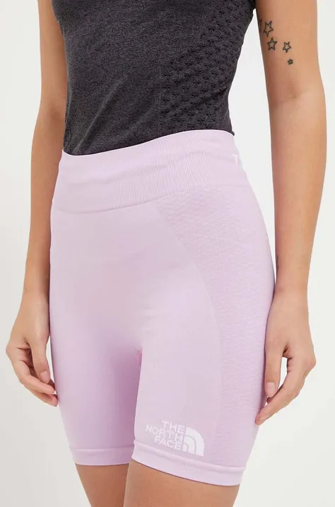 Спортен къс панталон The North Face в розово с изчистен дизайн с висока талия