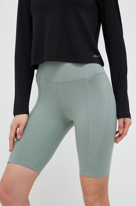 Reebok pantaloni scurți de antrenament Lux culoarea verde, neted, high waist